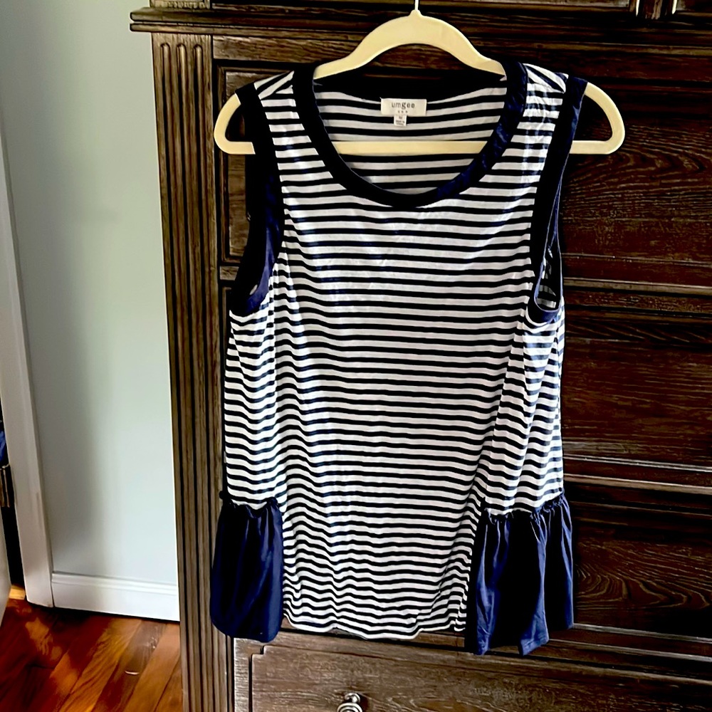 Striped tank with ruffle back.